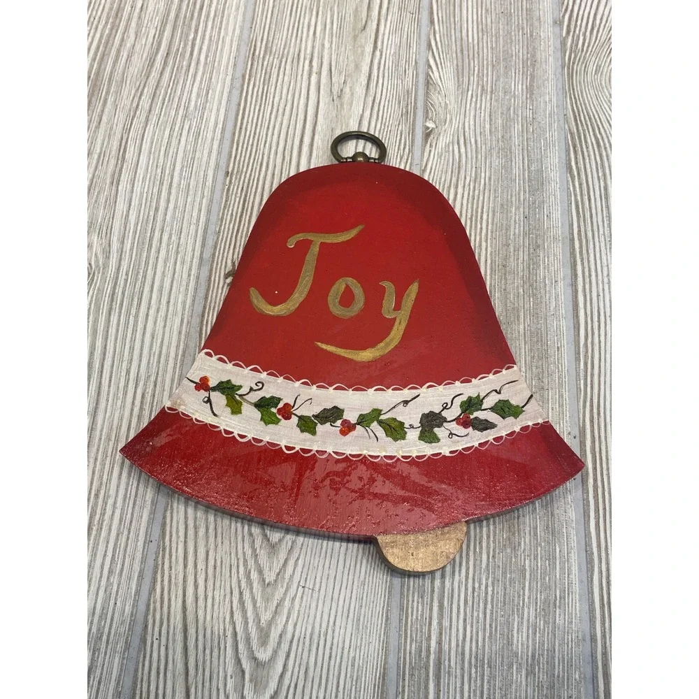 Vintage Hand Painted Wood Christmas Bell Wall Decor Joy Noel Red Green Set of 2